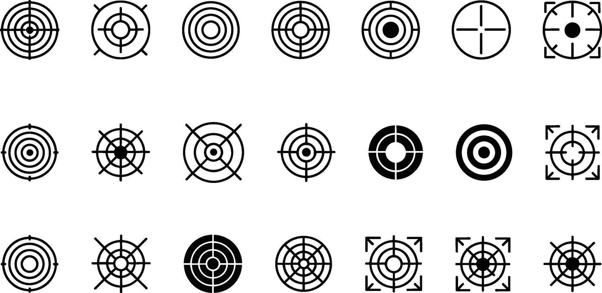 Collection of Target and Aim Icons in Black and White Keywords target, aim, goal, focus, objective, bullseye, crosshair, reticle, scope, sight, icon, set, collection, graphic, design, element vector