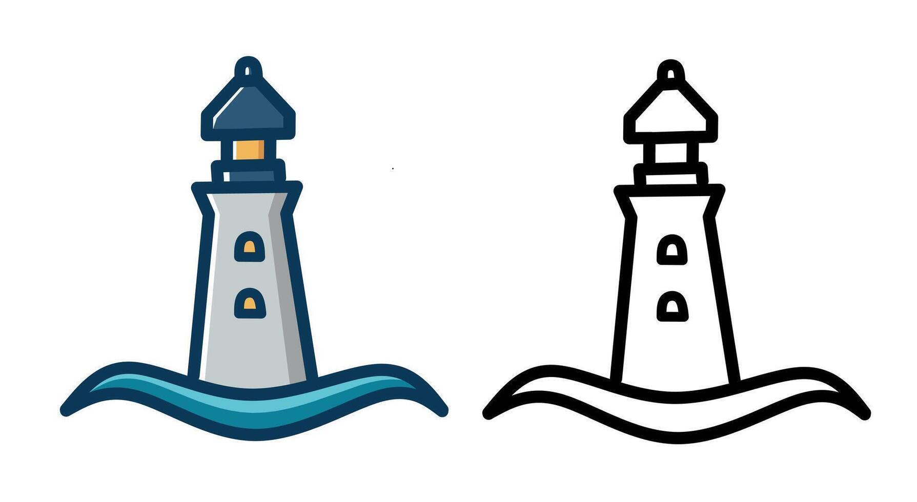 A lighthouse icon with two design variations in colored and outline styles representing coastal navigation, sea safety, marine signal, and nautical graphic resource vector