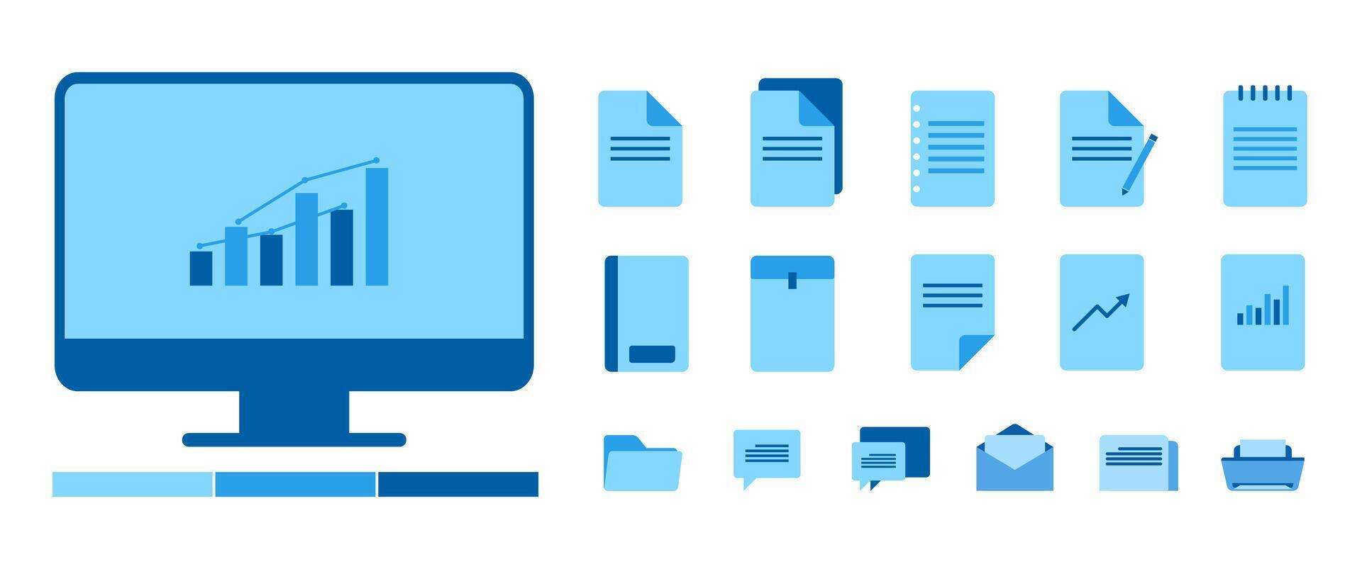 Blue Document design, business infographic in Flat design for presentation, report. Mail, File icons, Folder, Paper, desktop, sheet, Office illustration vector