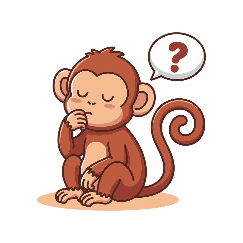 Pensive Monkey Cartoon Character Sitting with Question Mark Speech Bubble on Transparent Background Design vector