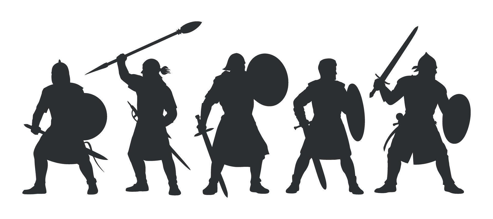 Collection of Medieval Warrior Silhouettes with Swords, Spears, and Shields on a Transparent Background for Design Projects vector