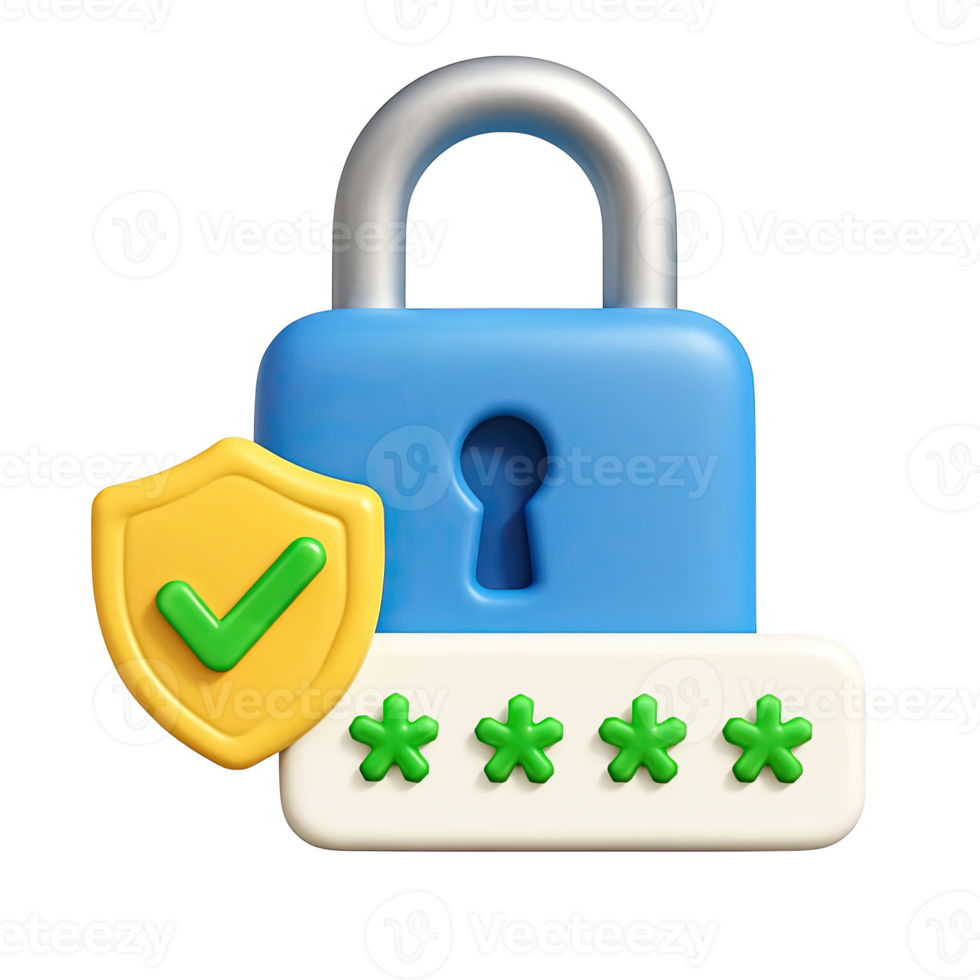 Secure digital padlock with shield and password input isolated on transparent background png