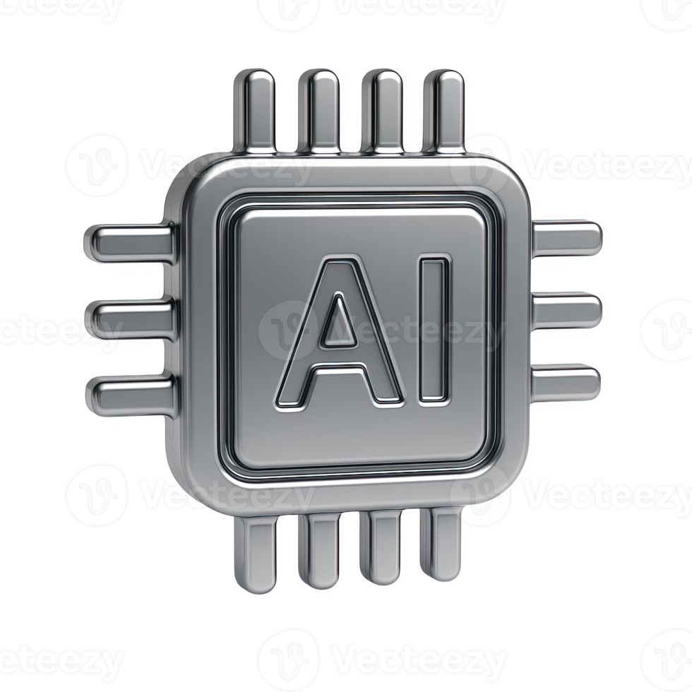 Shiny metallic computer processor chip with ai engraved on a transparent background isolated on transparent background png
