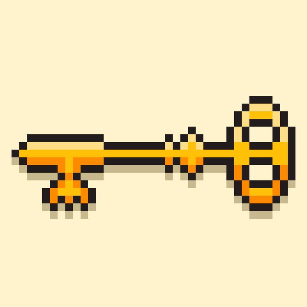 Ornate golden key icon designed in a classic retro pixel art style. Ideal for game quest items, security app icons, or as a logo representing opportunity and success vector