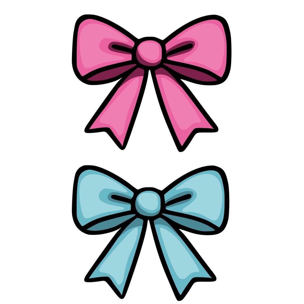 A illustration featuring two charming bows, one in soft pink and the other in a delicate light blue, both rendered in a cartoonish style with bold black outlines, creating a playful and whim... vector