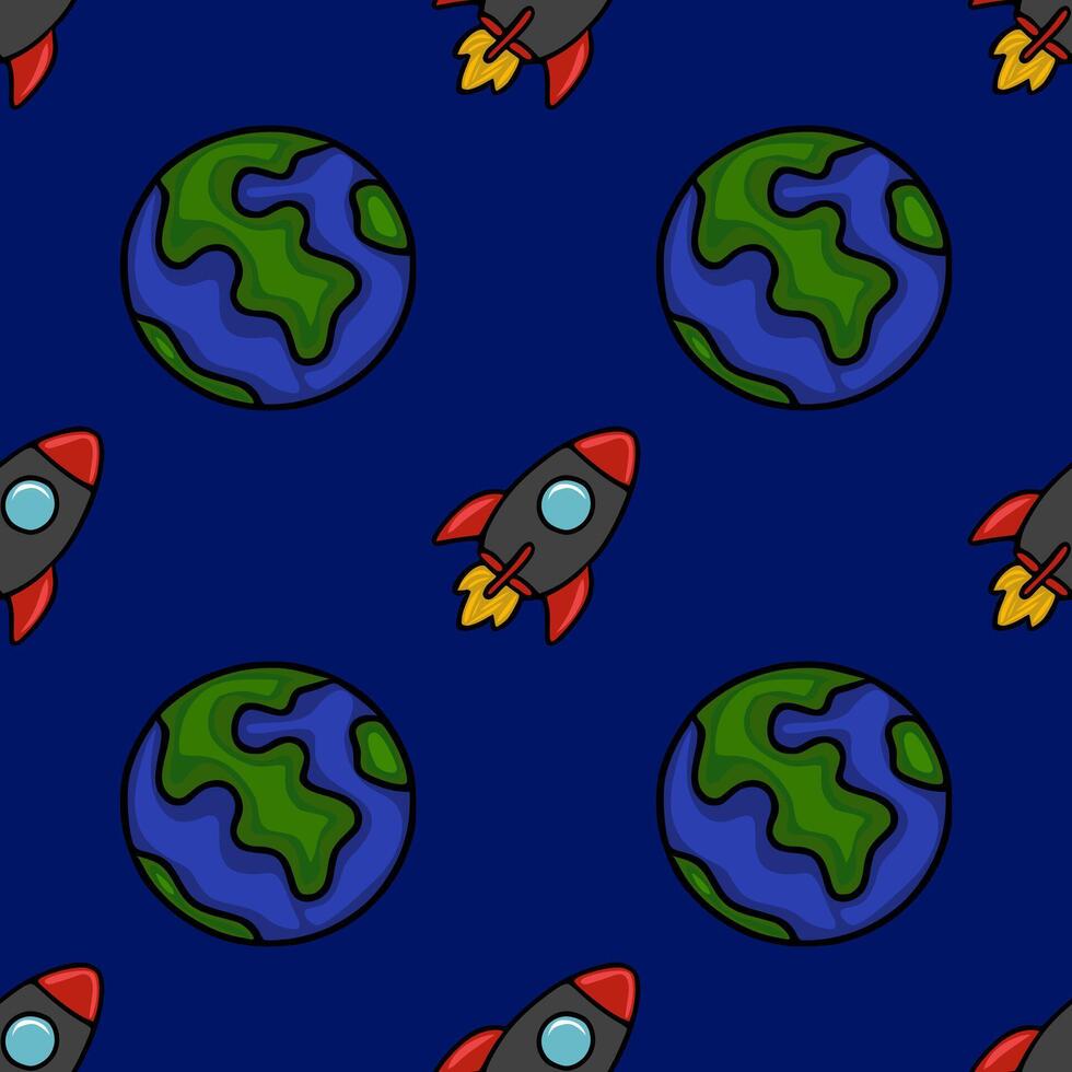 Seamless pattern featuring stylized rockets and planets on a dark blue background, creating a playful yet sophisticated space exploration theme. vector