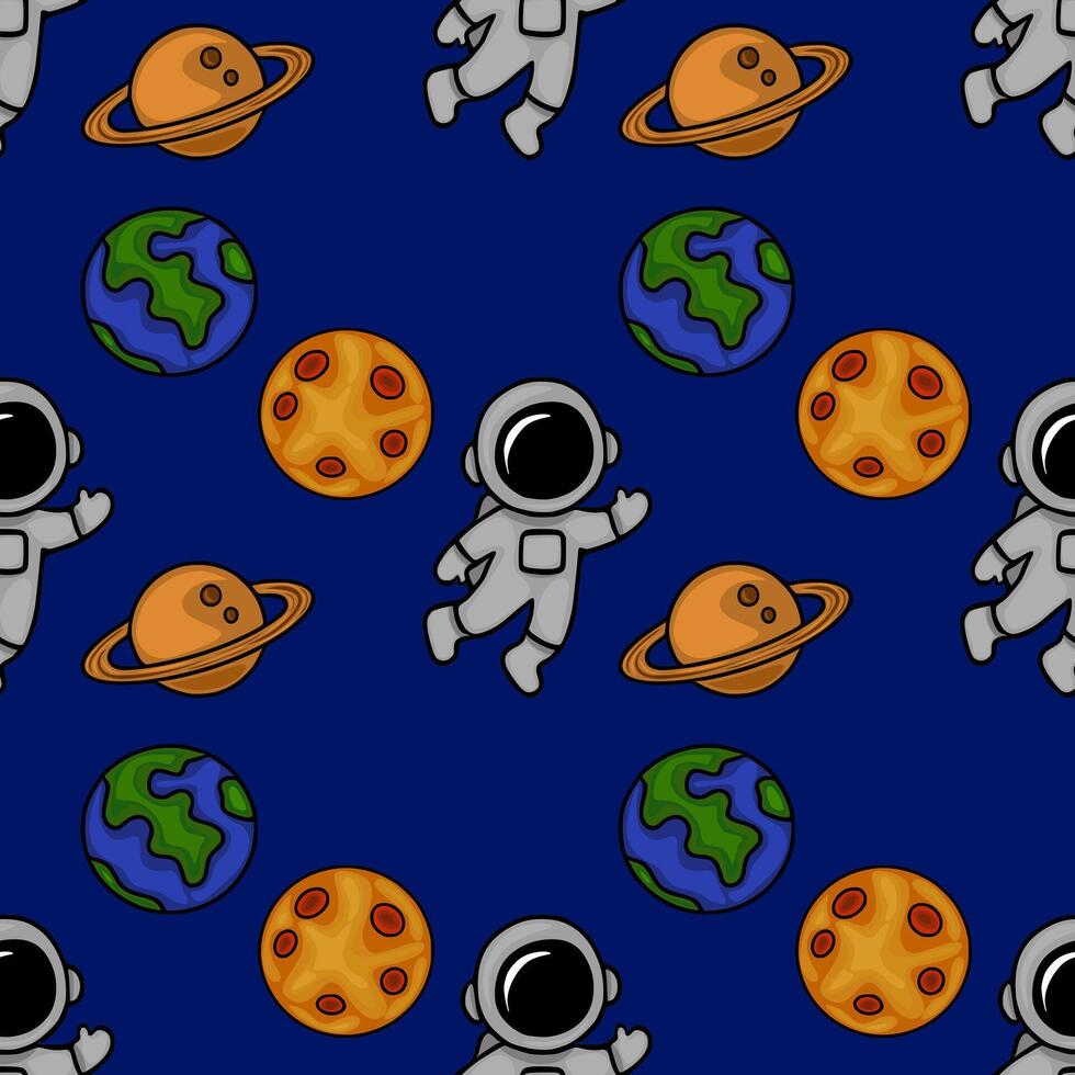 Seamless pattern featuring playful cartoon astronauts floating amidst planets, moons, and rings, set against a deep blue cosmic backdrop. vector