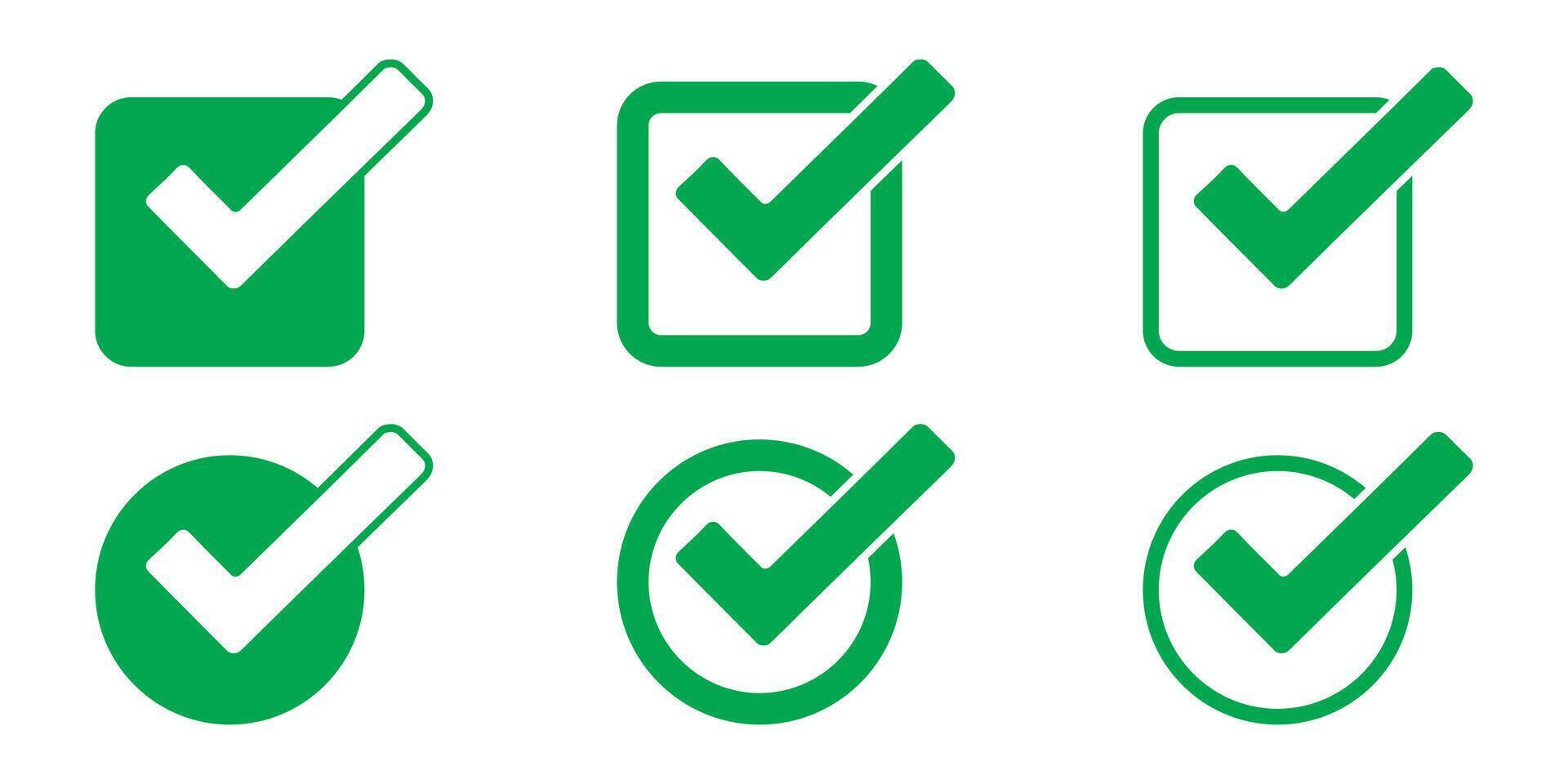 Collection of green checkmarks in different shapes isolated on white background vector
