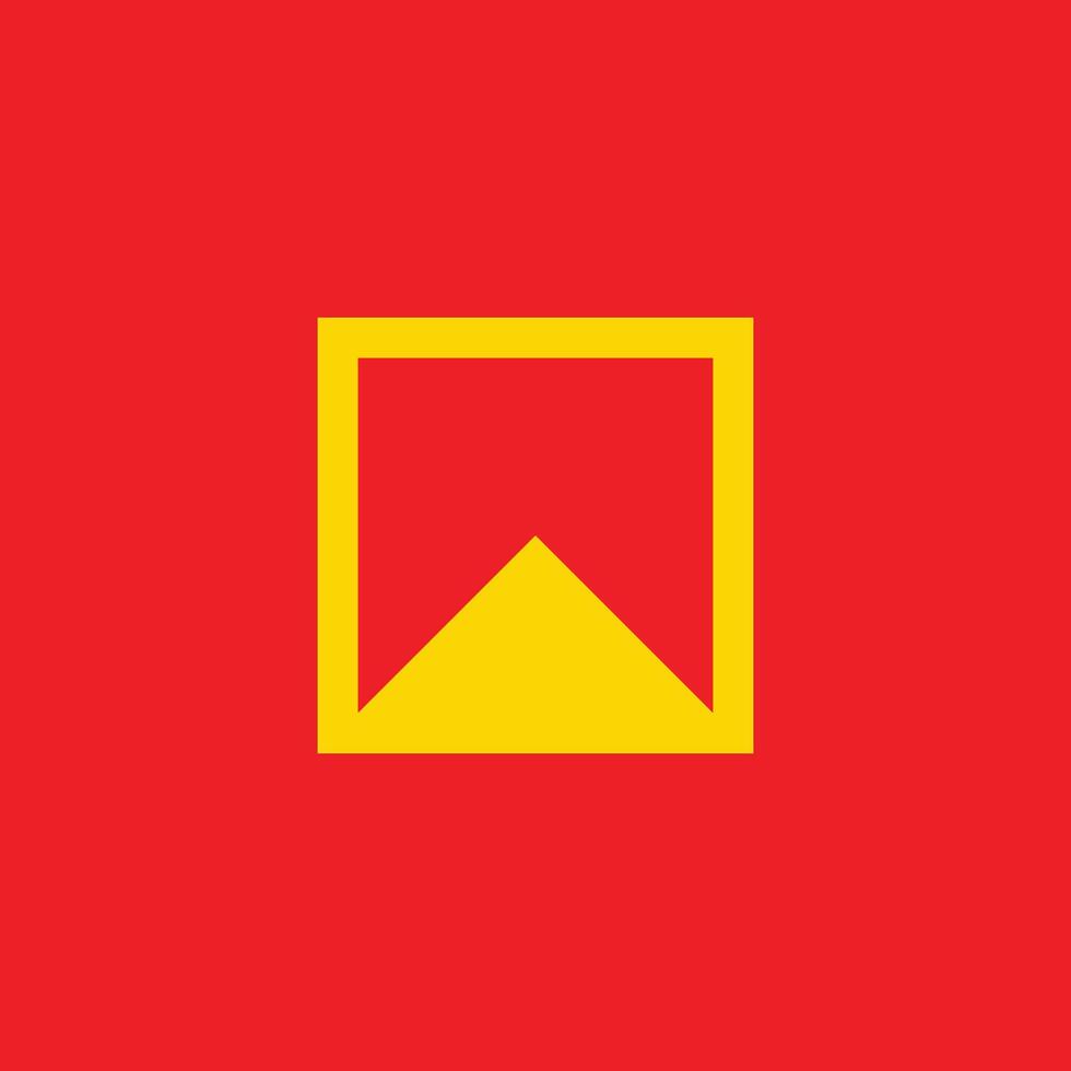 rectangular mountain logo with a triangular cutout below it, Yellow rectangular logo on a red background, featuring a triangular cutout at the bottom. vector