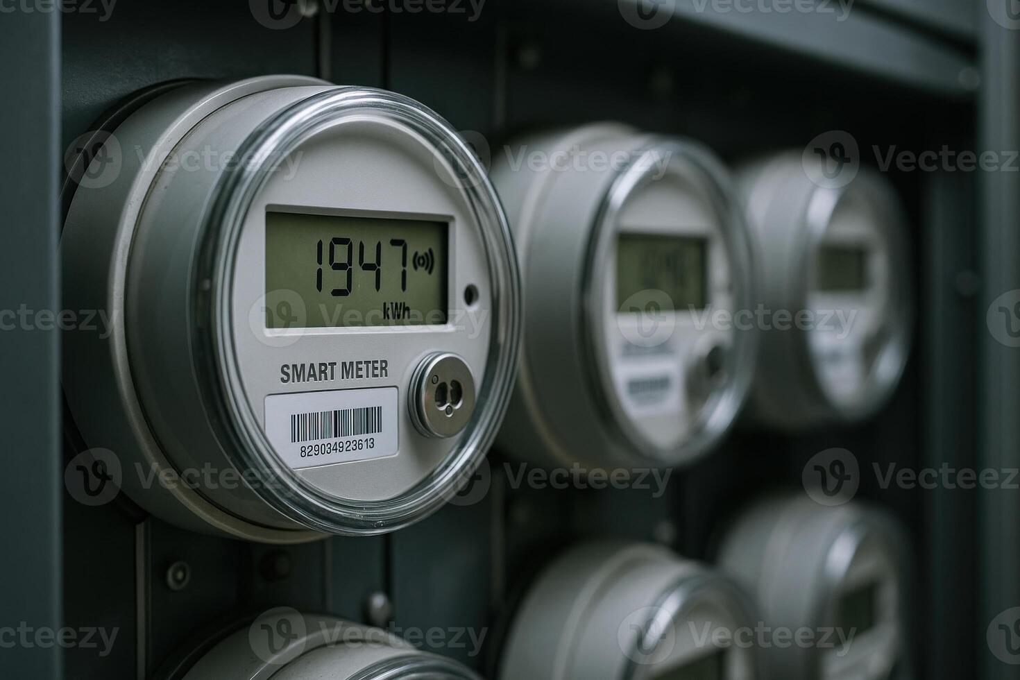 Digital electricity meters installed in a row display accurate energy consumption data, enhancing energy management and monitoring efficiency photo