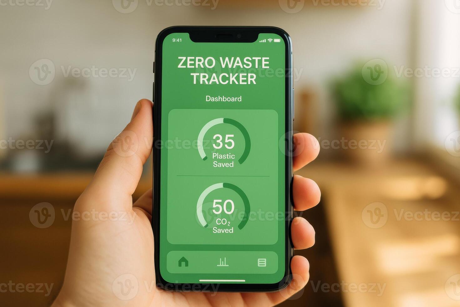 A hand holds a smartphone showing a green zero waste tracker app dashboard displaying saved plastic and reduced CO2 emissions photo
