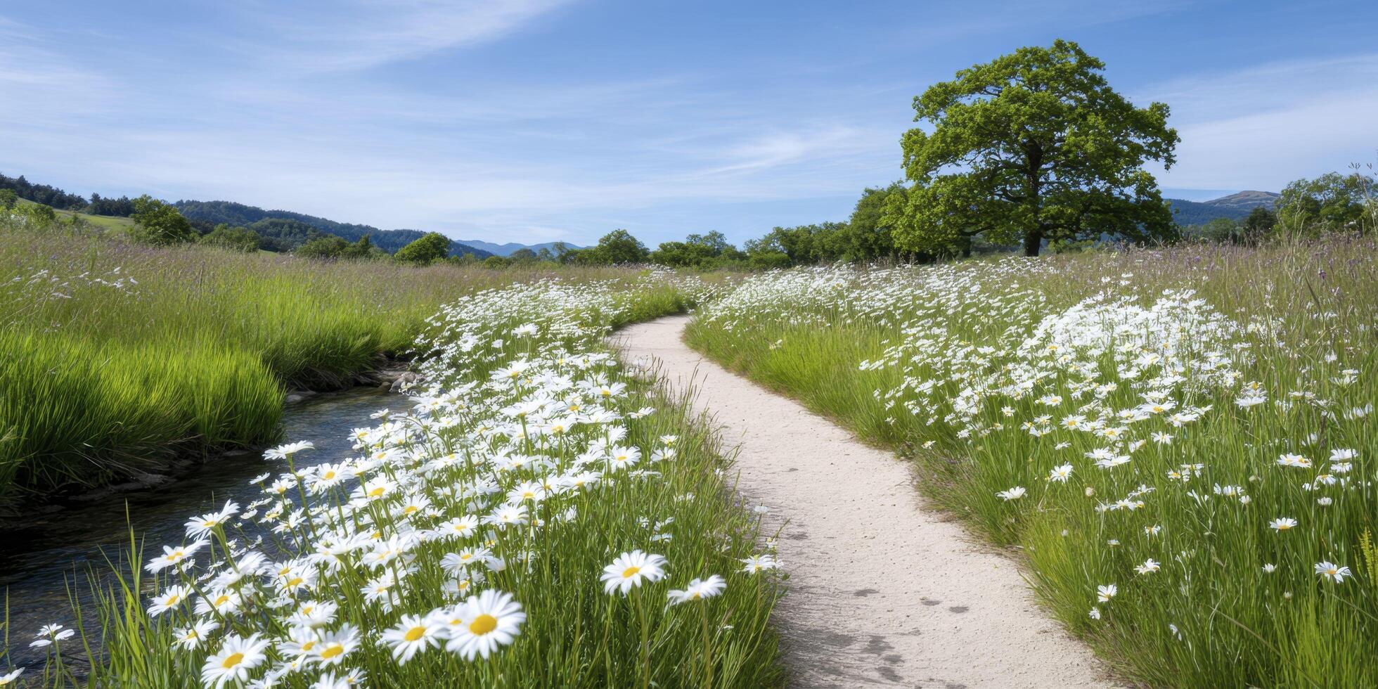 A narrow dirt path winding through a meadow of white daisies in spring, with soft green grass and a clear blue sky above, a small stream running alongside, and a single oak tree in the distance. photo