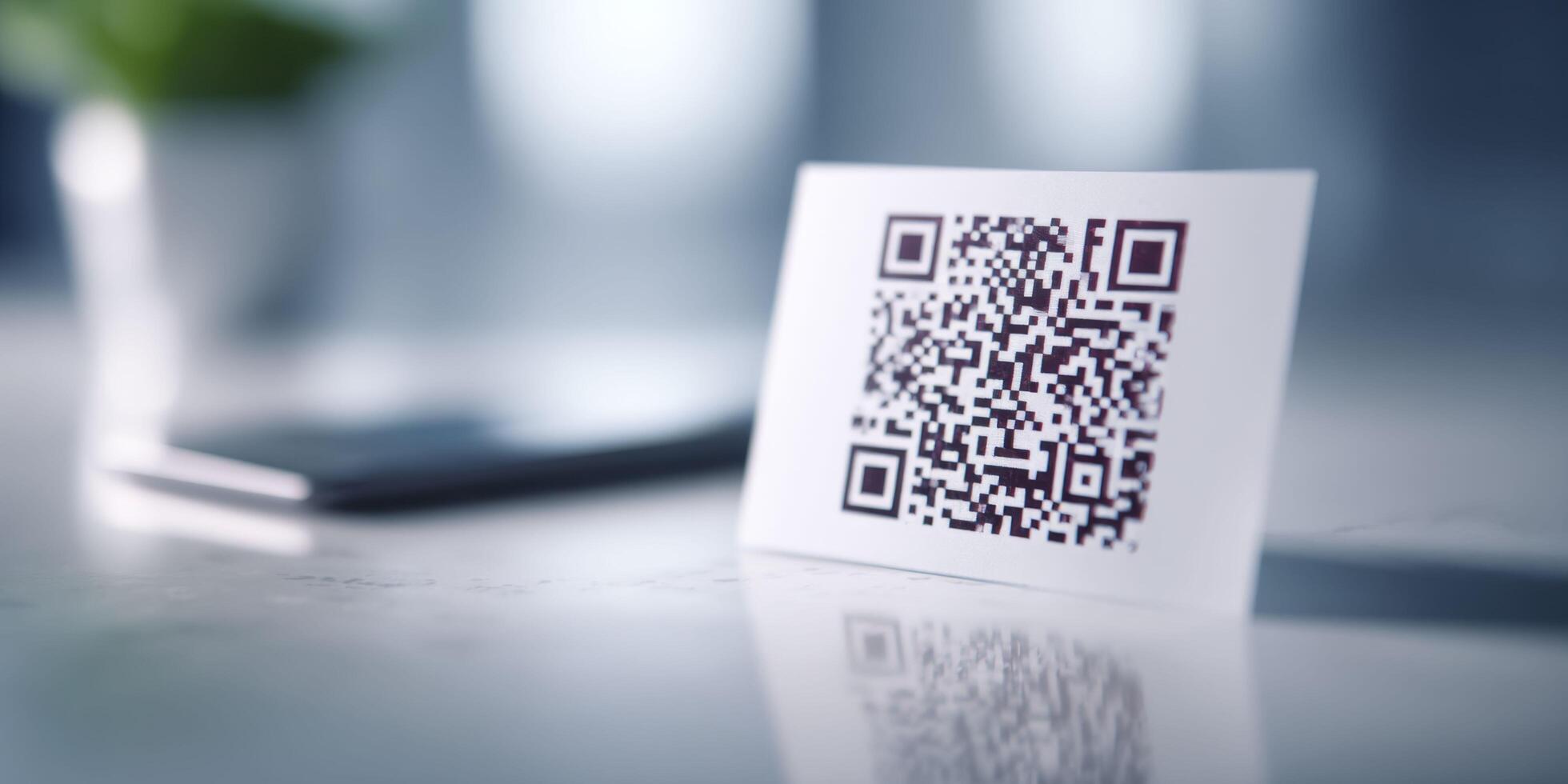 A macro view of a QR code on a Cyber Monday ad, highlighting its pixelated squares and sharp edges under soft light, with a blurred smartphone scanning it in the background. photo
