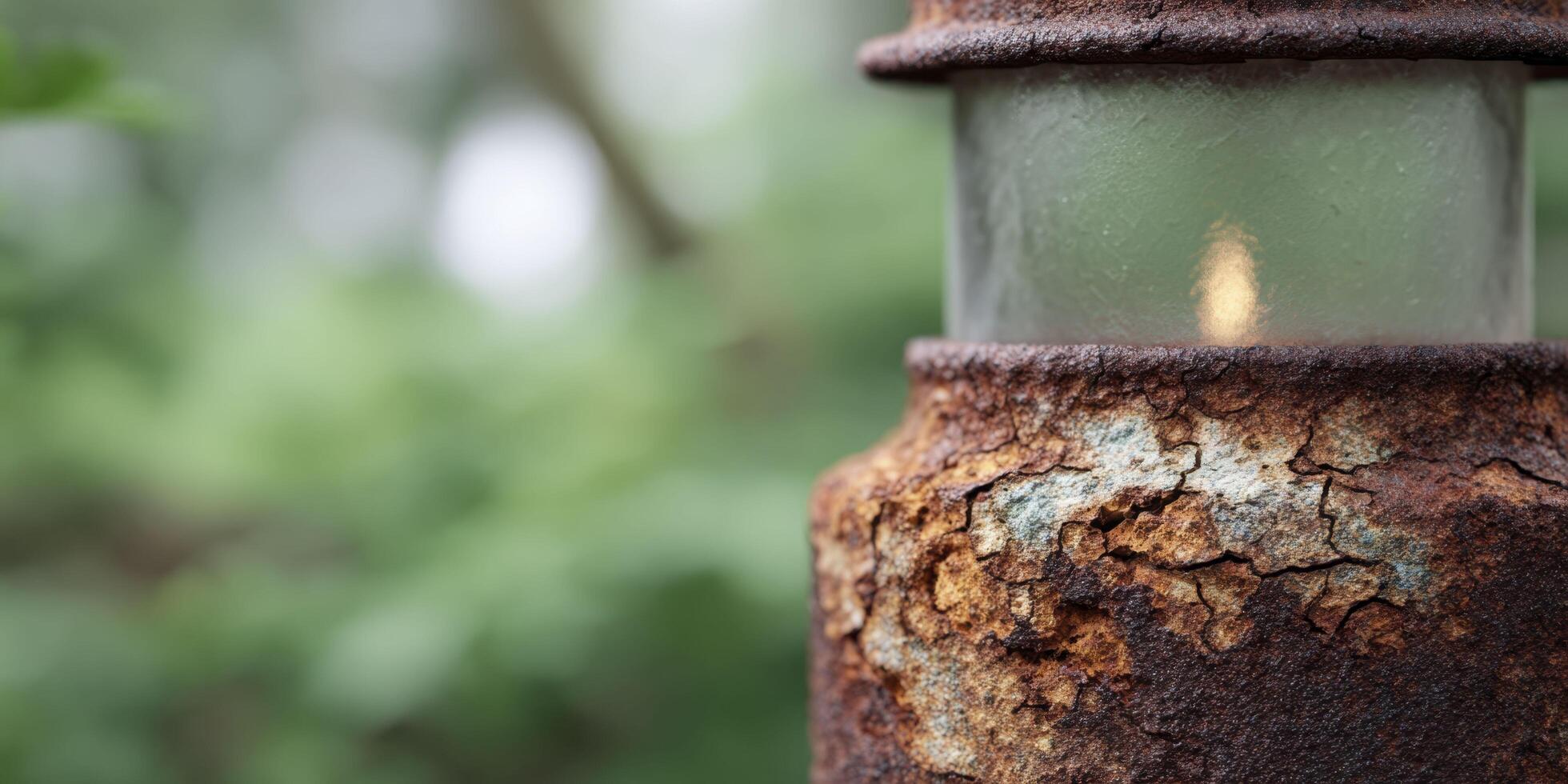 A macro view of a rusted lantern's surface, capturing flaking metal and intricate corrosion patterns, with a faint candle flicker and a blurred spooky forest in the background. photo