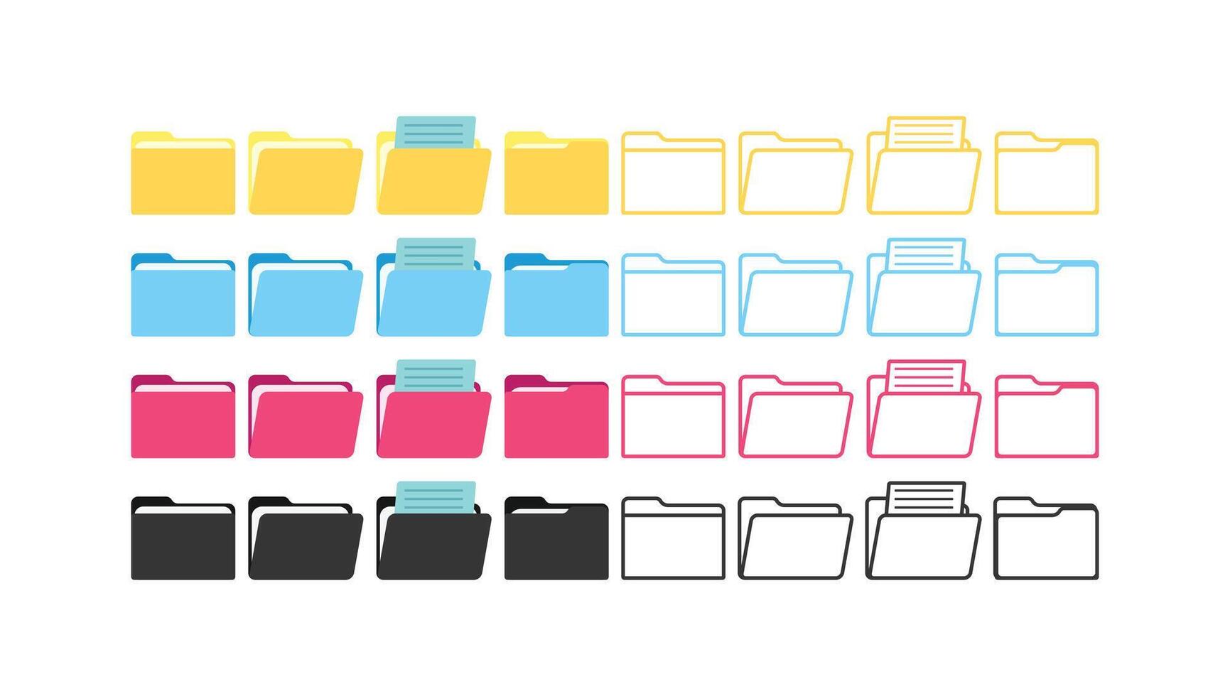 Folder icon set in multiple colors. This comprehensive design collection includes open, closed, and document folder icons in both solid and outline styles. Perfect for UI design vector