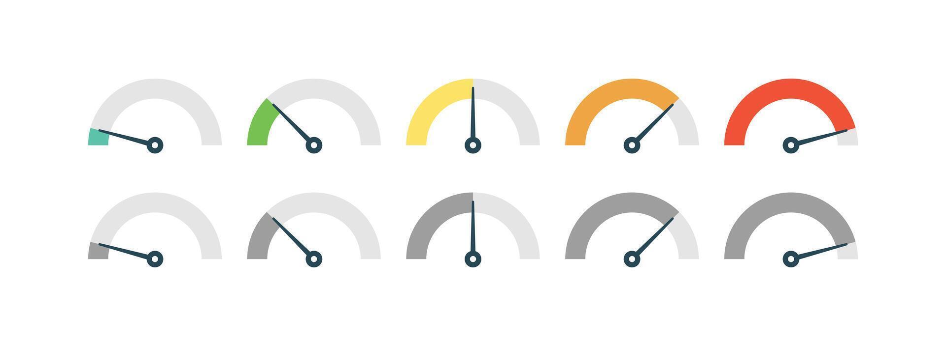 Set of speedometer and gauge icons for dashboards. Perfect for performance indicators, progress levels, and data measurement in UI UX design vector