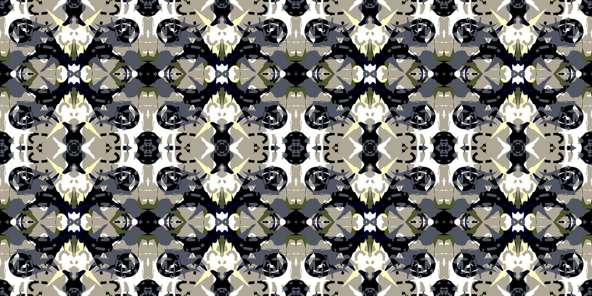 Geometric Tile pattern. Abstract Symmetric Grunge Pattern. Rough Textured Repeat Motif. Urban Camouflage Pattern. Unique Decorative Textile Print. Distressed Abstract Background. Grungy Wallpaper vector