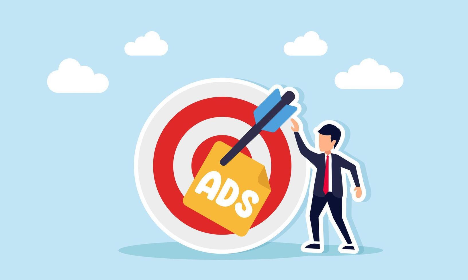Businessman standing near target board with arrow and note paper labeled ADS illustration of precise digital marketing implementation vector