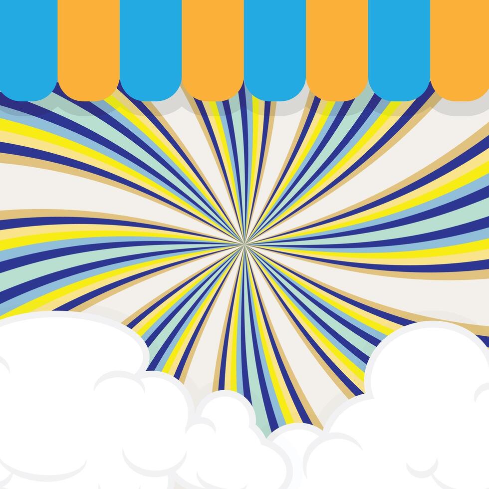 A radial square background with pastel swirling patterns. The foreground has clouds at the bottom and blue and orange flags hanging at the top. vector