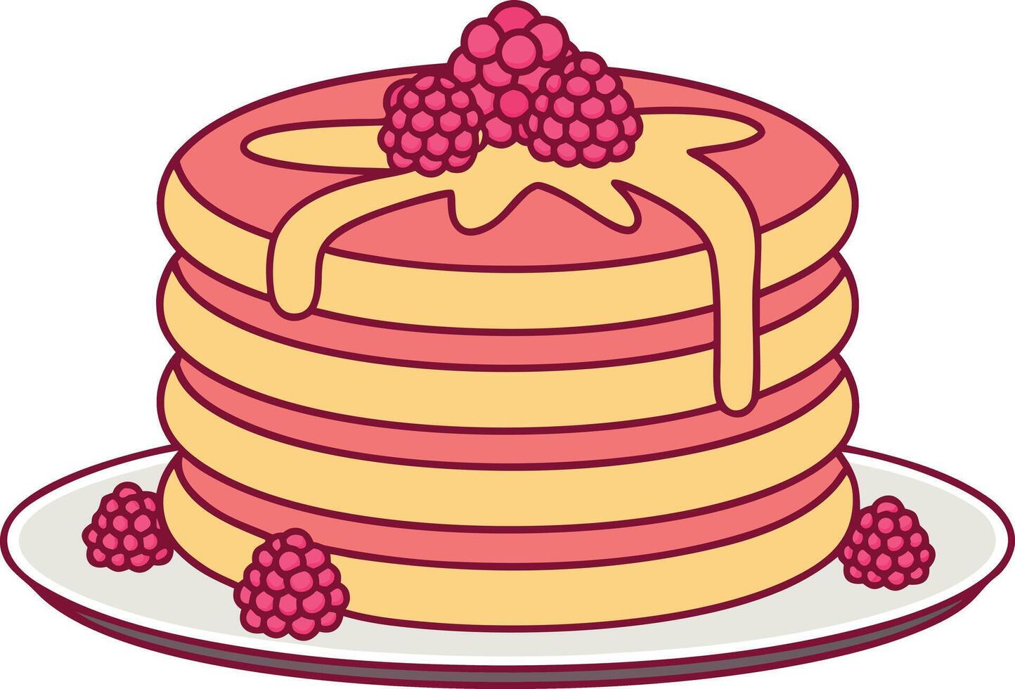 Fluffy Pancake Stack with Raspberries and Honey Homemade Pancake Stack with Syrup and Berries Morning Pancake Stack with Fresh Raspberries vector