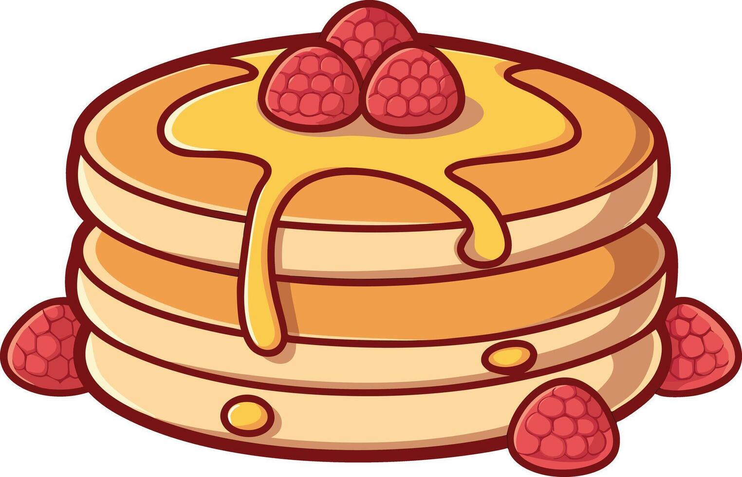 Pancake Stack with Syrup and Raspberries Delicious Pancake Stack with Fresh Raspberries Sweet Pancake Stack with Maple Syrup and Berries vector