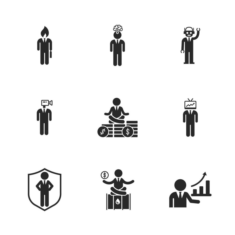 Creative businessman icon set showing modern work, finance, AI, tech, and growth concepts in solid style vector