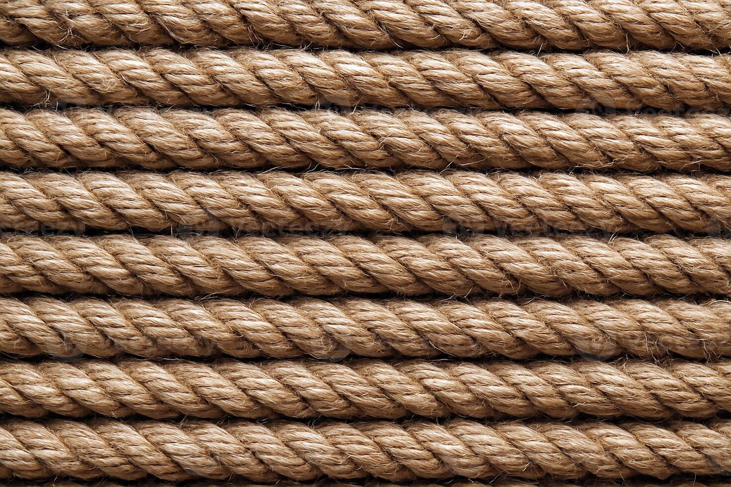 Detailed close-up of thick, natural fiber rope arranged in parallel rows, creating a textured background. Ideal for illustrating concepts of strength, nautical themes, rustic designs, natural textures photo