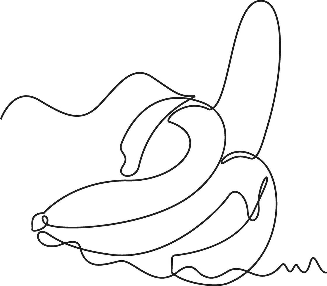 A single continuous line drawing of a partially peeled banana. The minimalist black and white artwork creates a simple, modern, and abstract representation of the fruit. vector