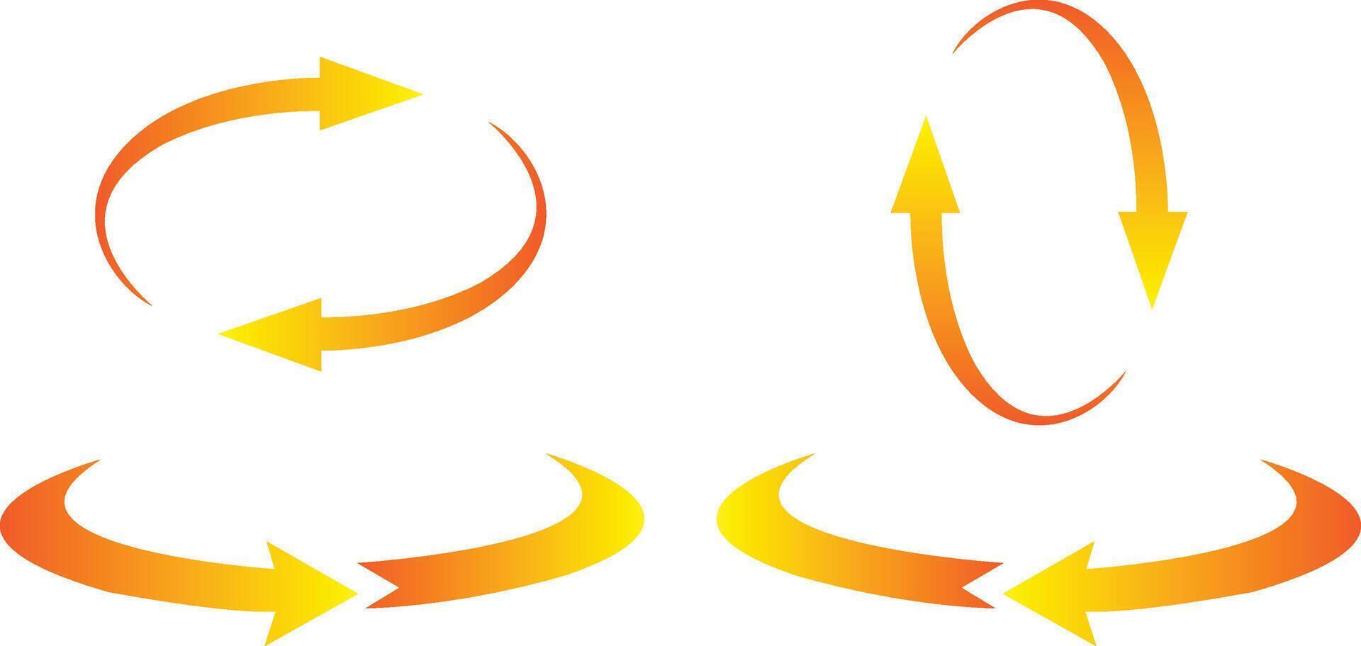 Several orange arrows in circular motion, indicating processes or cycles. Two arrangements show arrows rotating in opposite directions. vector