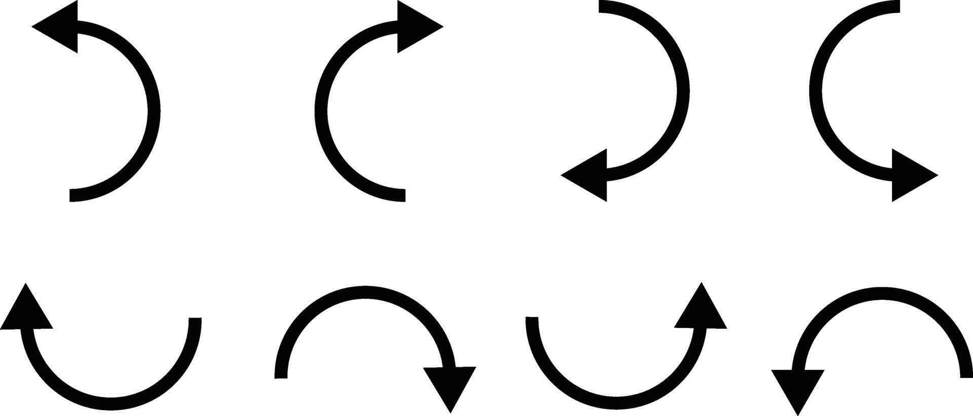 A collection of eight black semi-circular arrows on a white background, illustrating various directions, rotations, and refresh concepts. vector