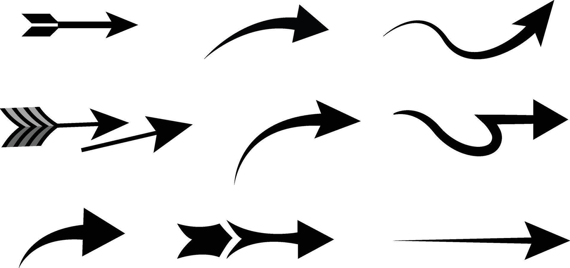 Various arrows of different shapes and styles are displayed against a white background, each pointing to the right. vector