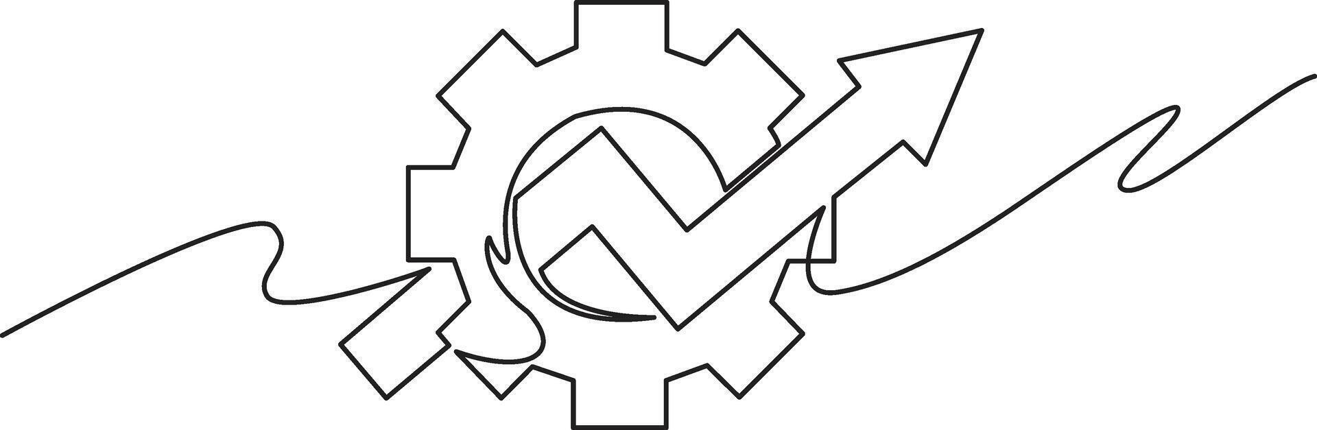 A single continuous line drawing depicts a gear with an upward-trending arrow passing through it, symbolizing progress and efficiency. vector