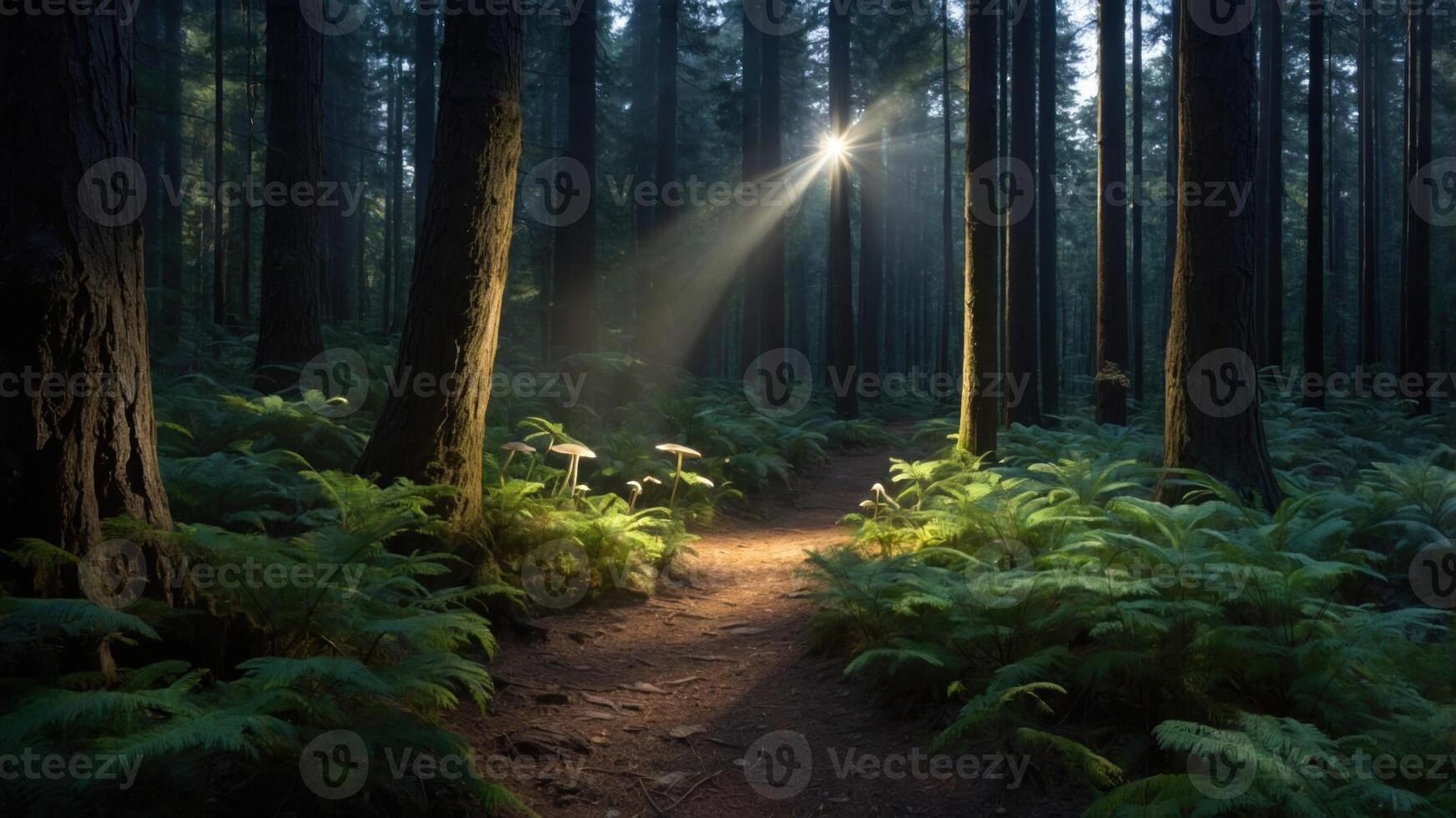 Serene forest path illuminated by sunlight filtering through tall trees, with lush ferns and mushrooms photo