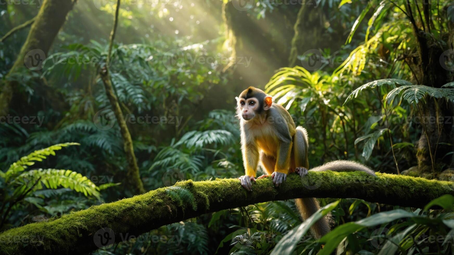 Monkey perched on a mossy branch in a lush rainforest, illuminated by soft sunlight filtering through trees photo