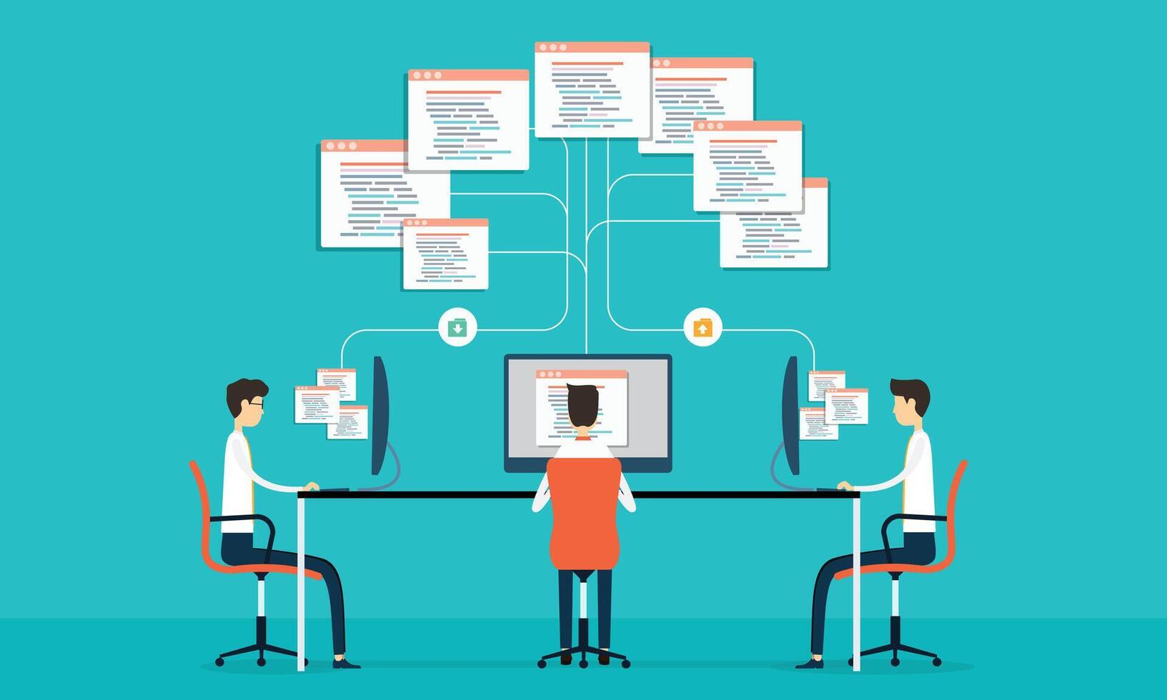 web design and mobile application design process with designer and developer team working collaboration concept vector