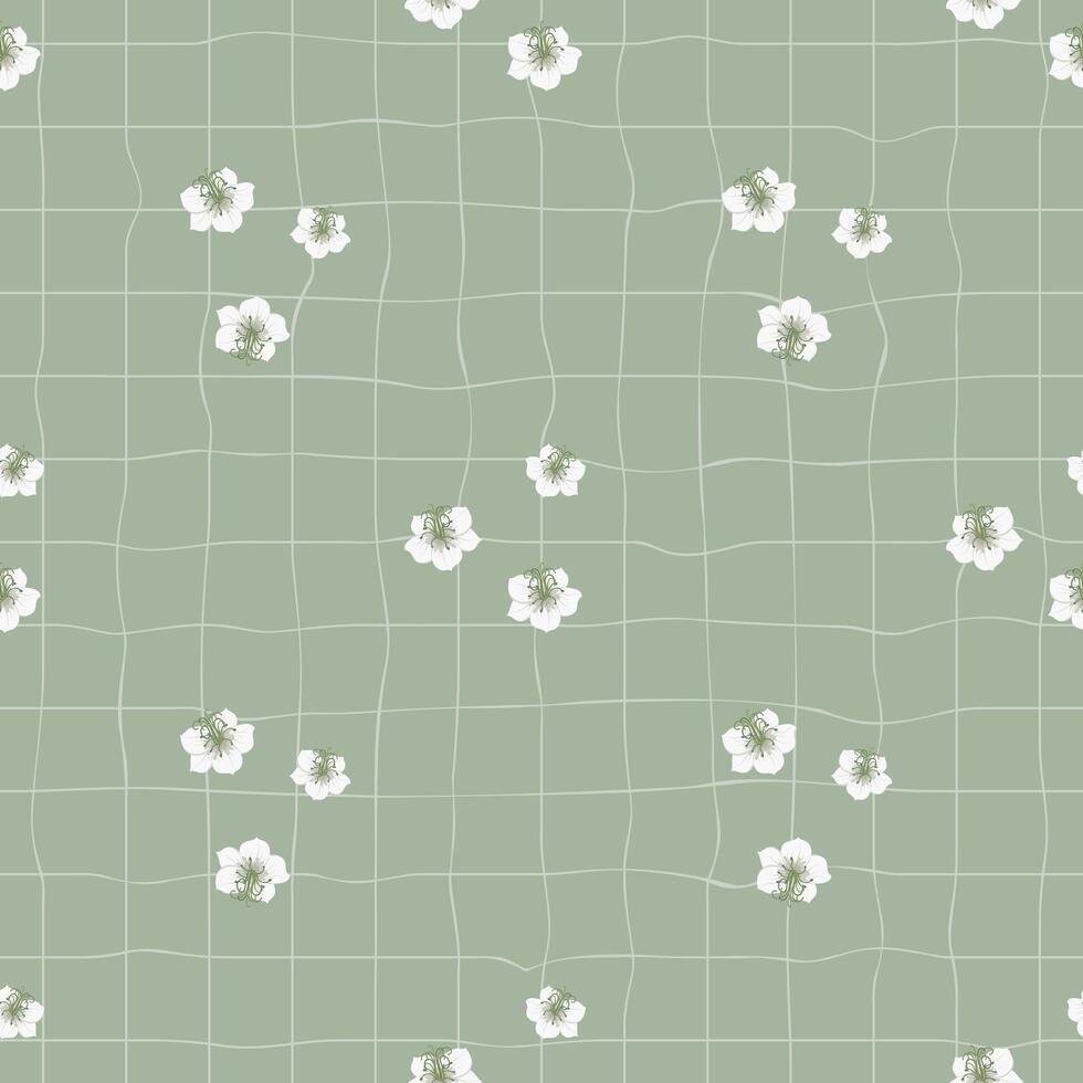 Seamless pattern with cute small white flowers on a green checkered background. Summer repeating pattern. vector