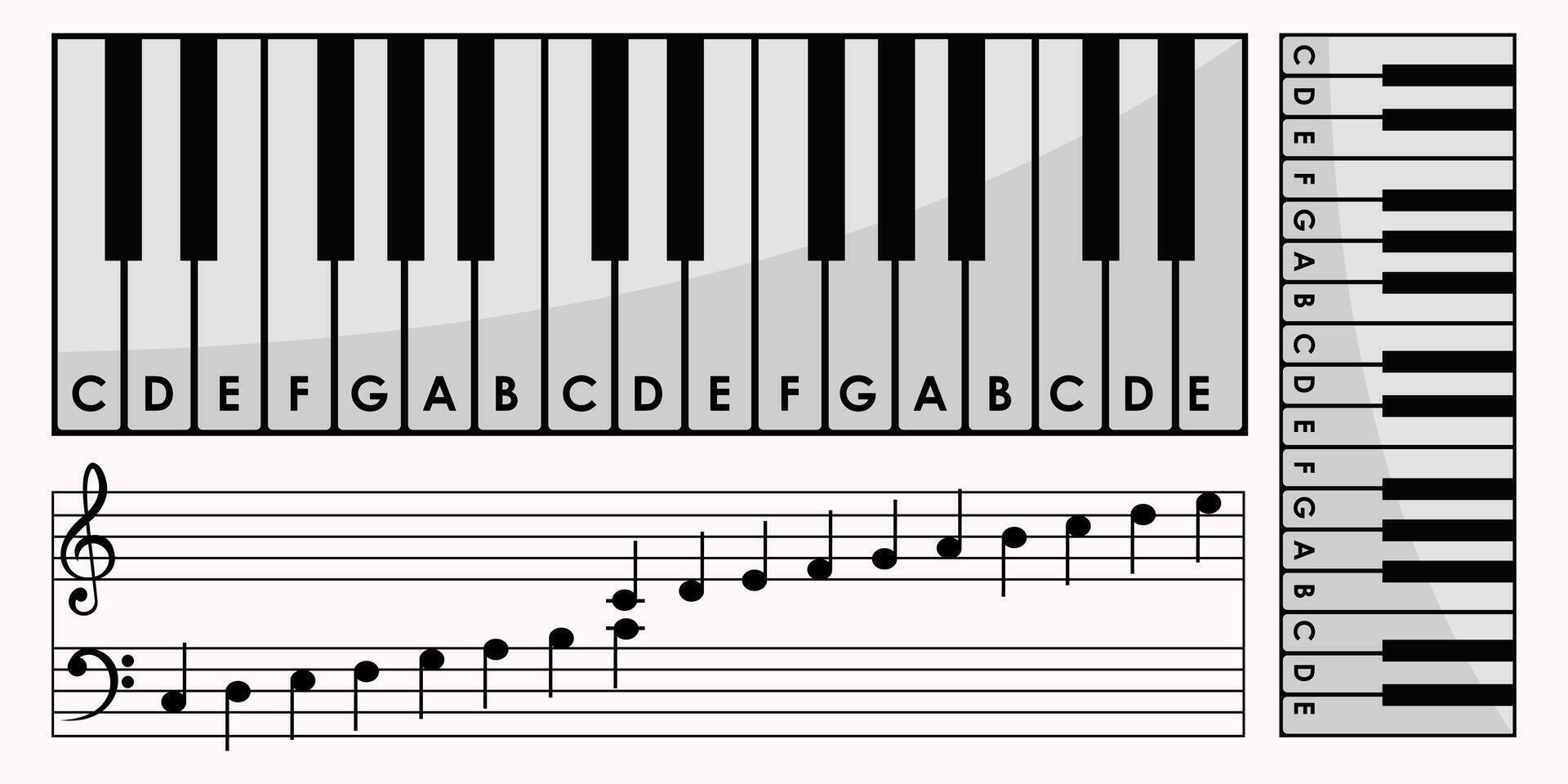 Illustration of piano keyboard with musical notes and scale chart for learning music. vector