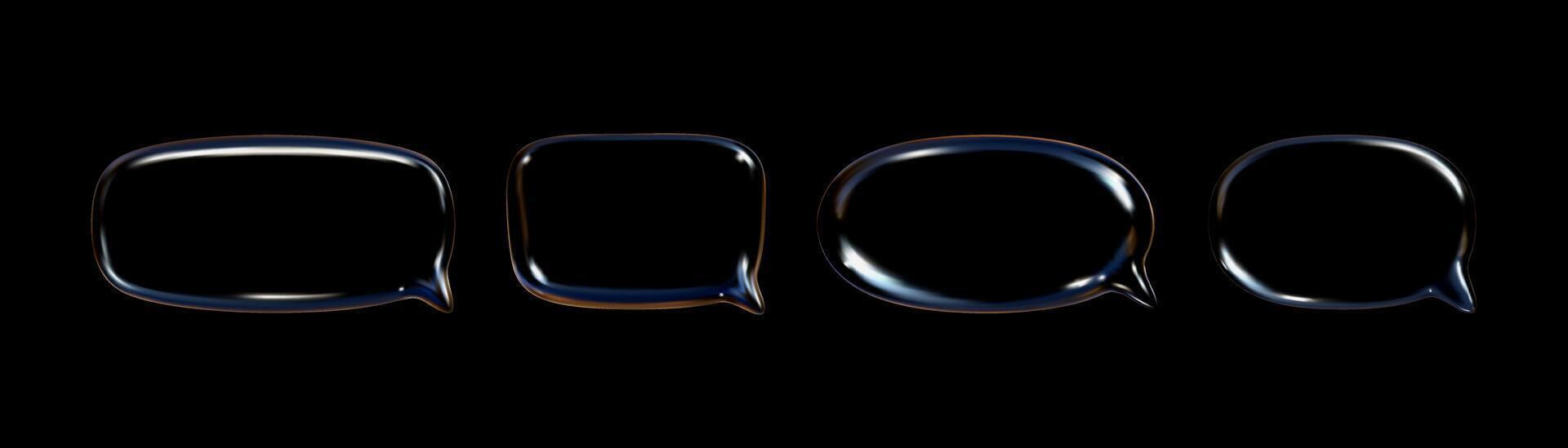 Four distinct transparent speech bubbles are displayed, showcasing a realistic glass texture with reflective surfaces, ideal for conveying dialogue or conversation themes. vector