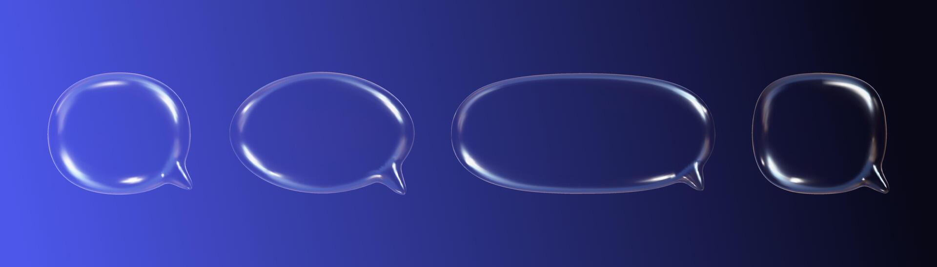 Four transparent 3D speech bubbles with a glass texture reflect light, set against a gradient backdrop creating an engaging visual element for communication ideas or design projects. vector