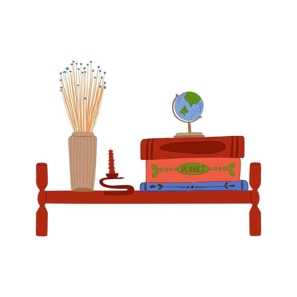 Bookshelf with books, vase with flowers, small globe and candles, hand drawn. Collection of books in the library. Elegant bookshelf vector