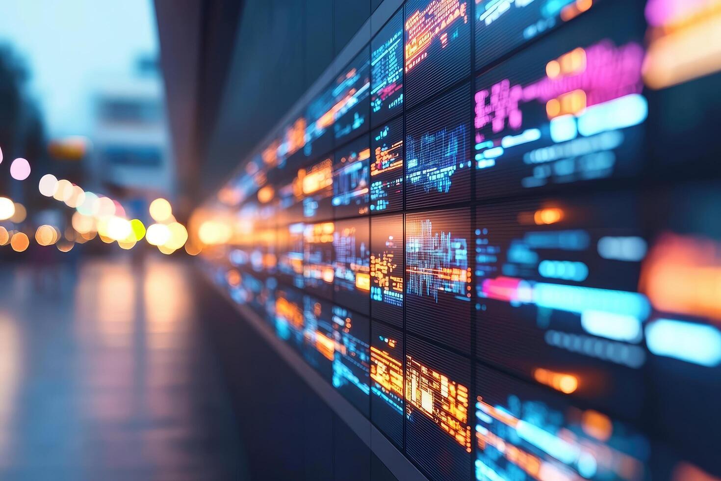 Digital screen array displaying vibrant data visualizations and information photo