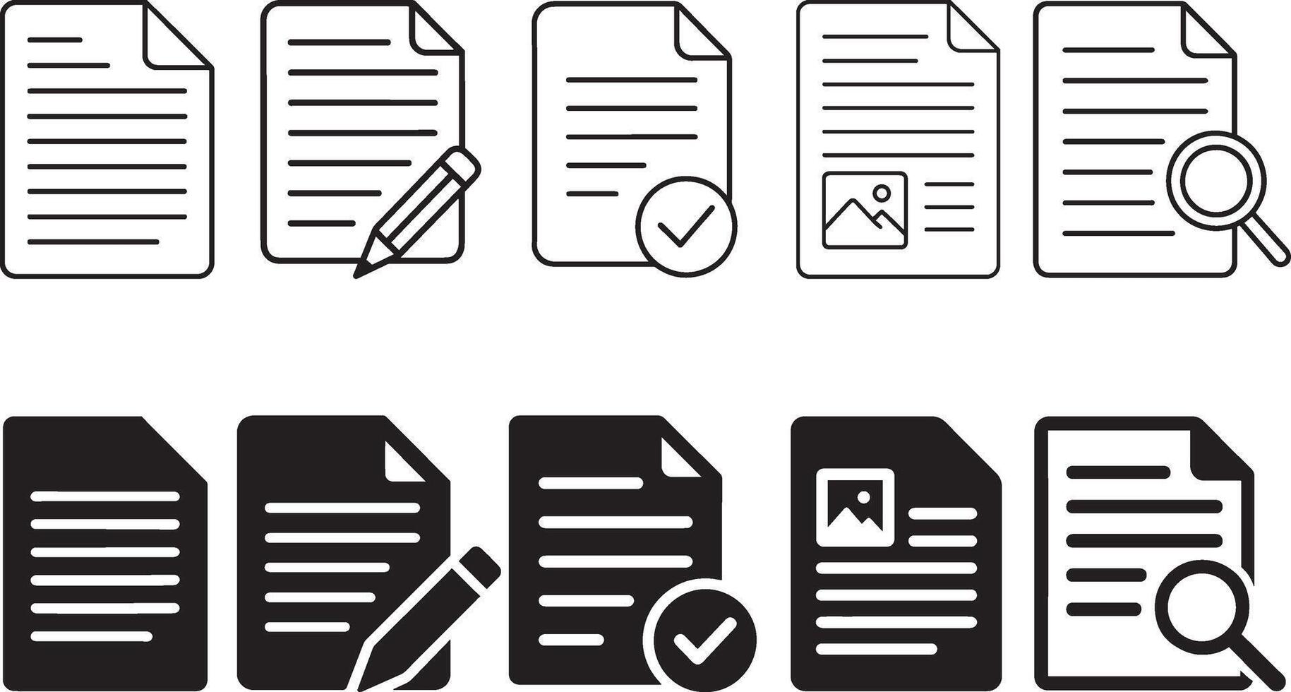 Document note icons set in flat black silhouette design for office illustration bundle, checklist, receipt, and notepad vector