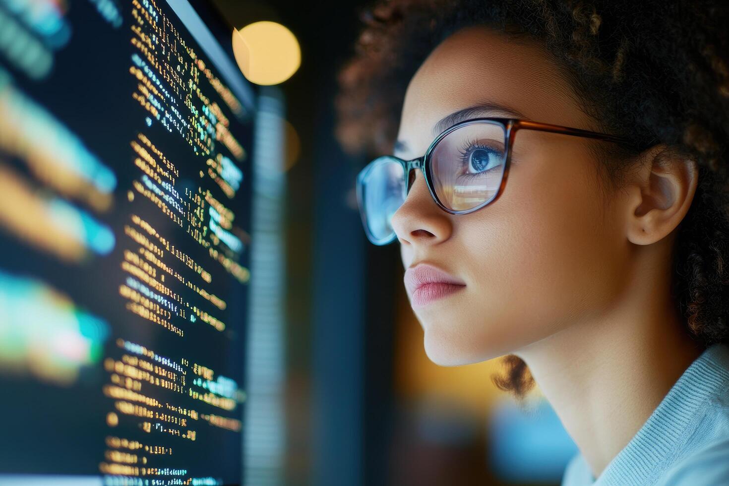 Woman coding on computer screen software development and data analysis photo