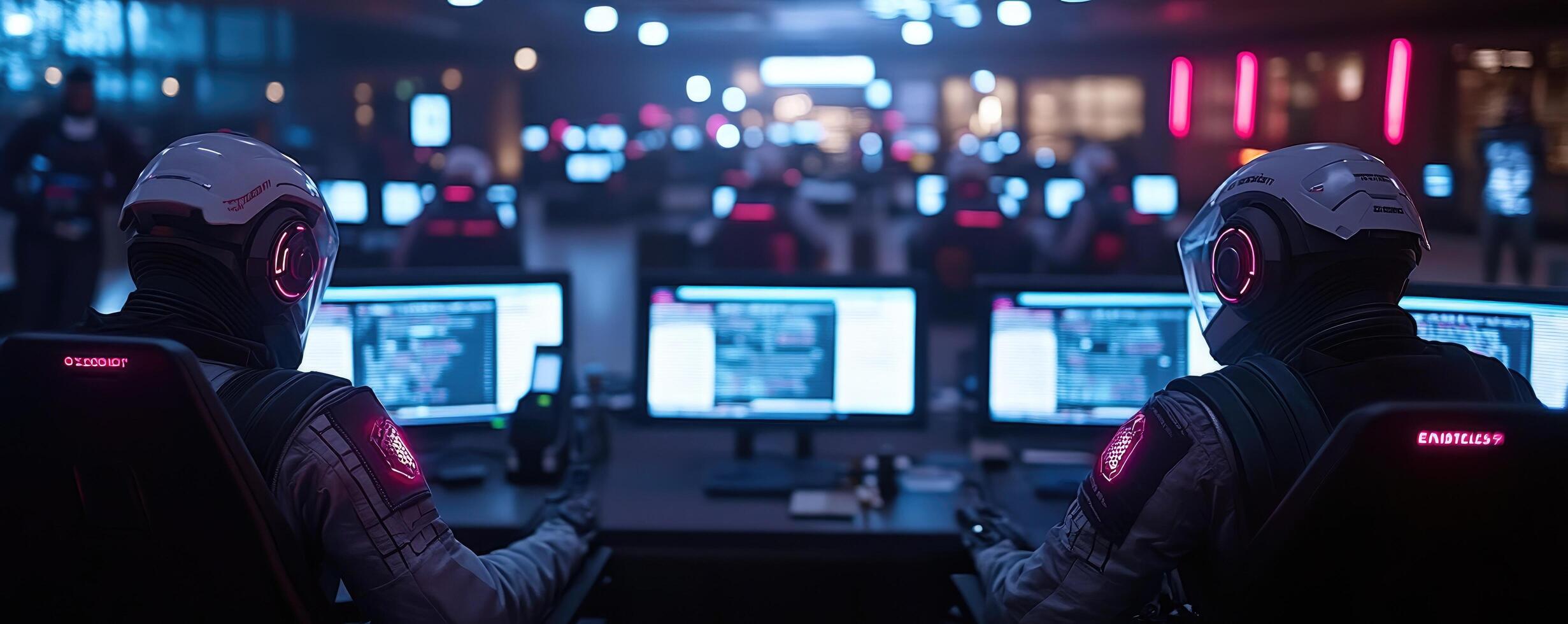 Futuristic command center people working with advanced computer technology photo