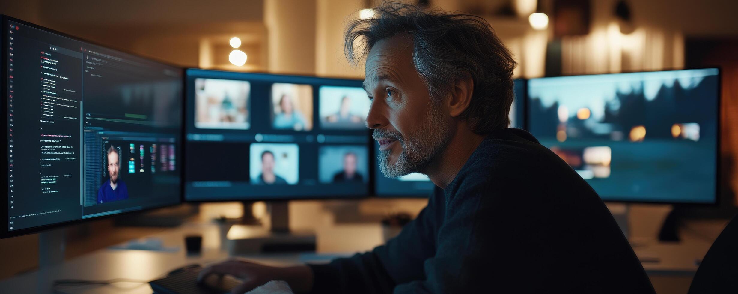 Man using multiple computer monitors for work and communication in a digital office environment photo
