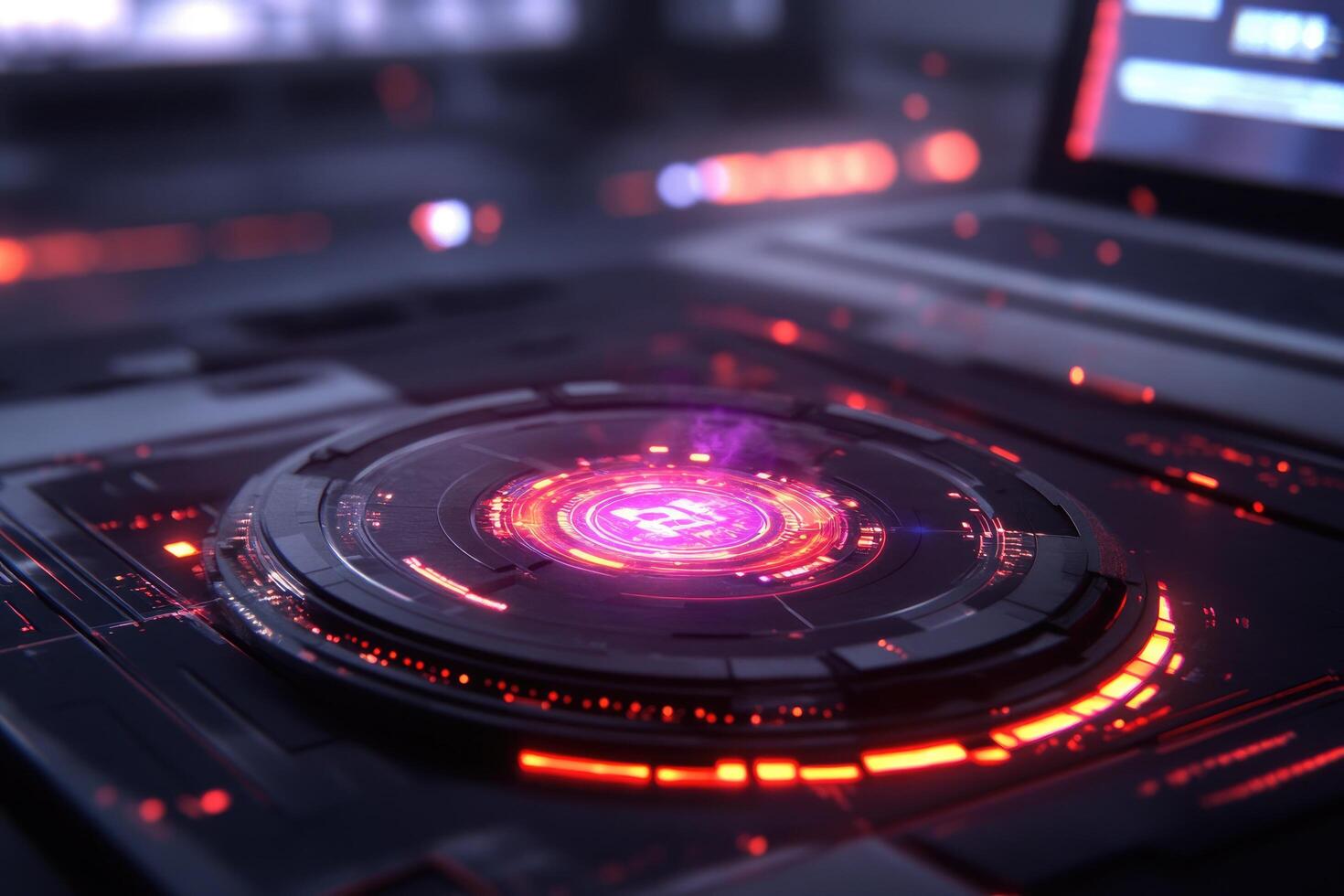 Futuristic technology interface with glowing circular data processing in a high tech environment photo
