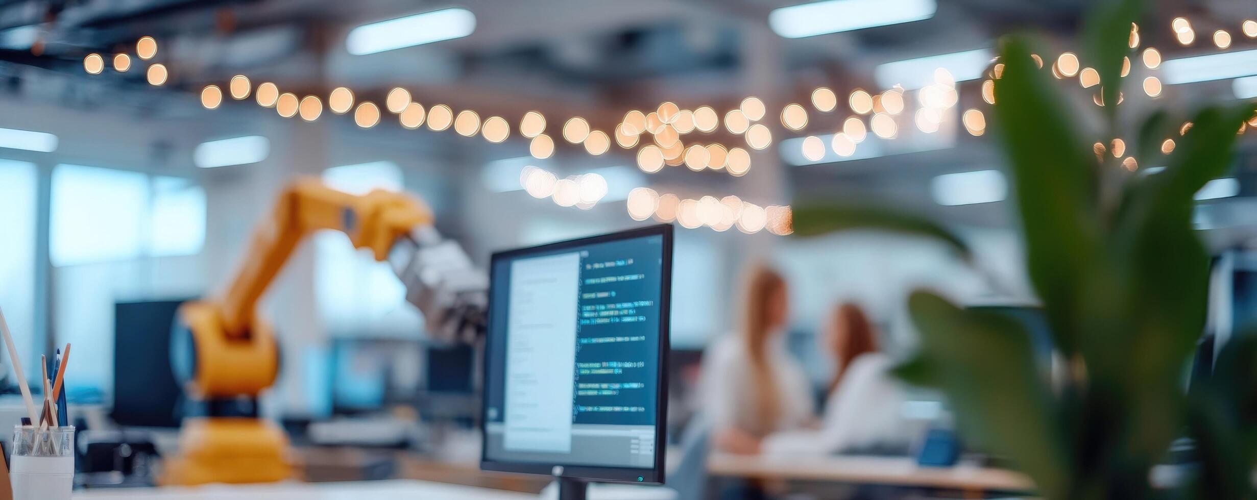 Robotic arm programming in bright modern office workspace automation photo