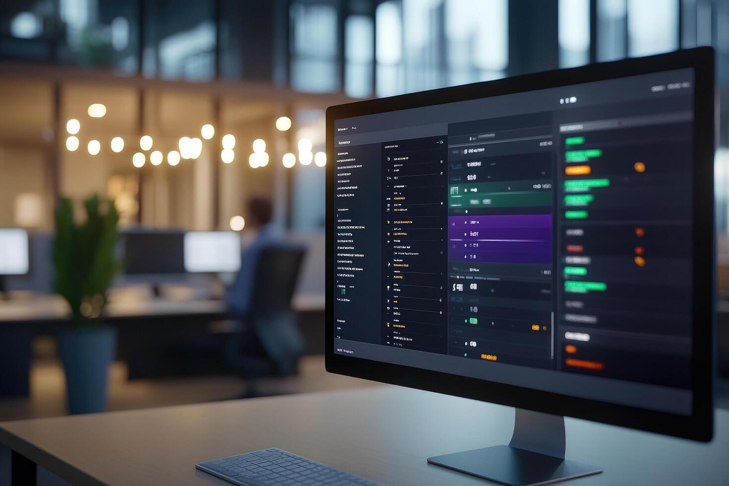 Computer monitor displaying financial data graphs and charts in modern office environment photo