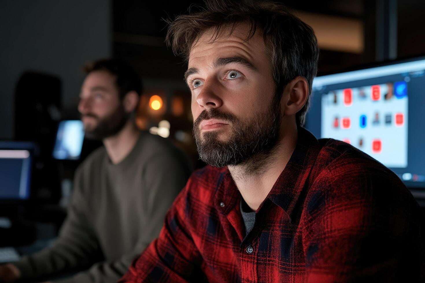 Two men working on computers in dark office late at night concentrating on project coding software photo