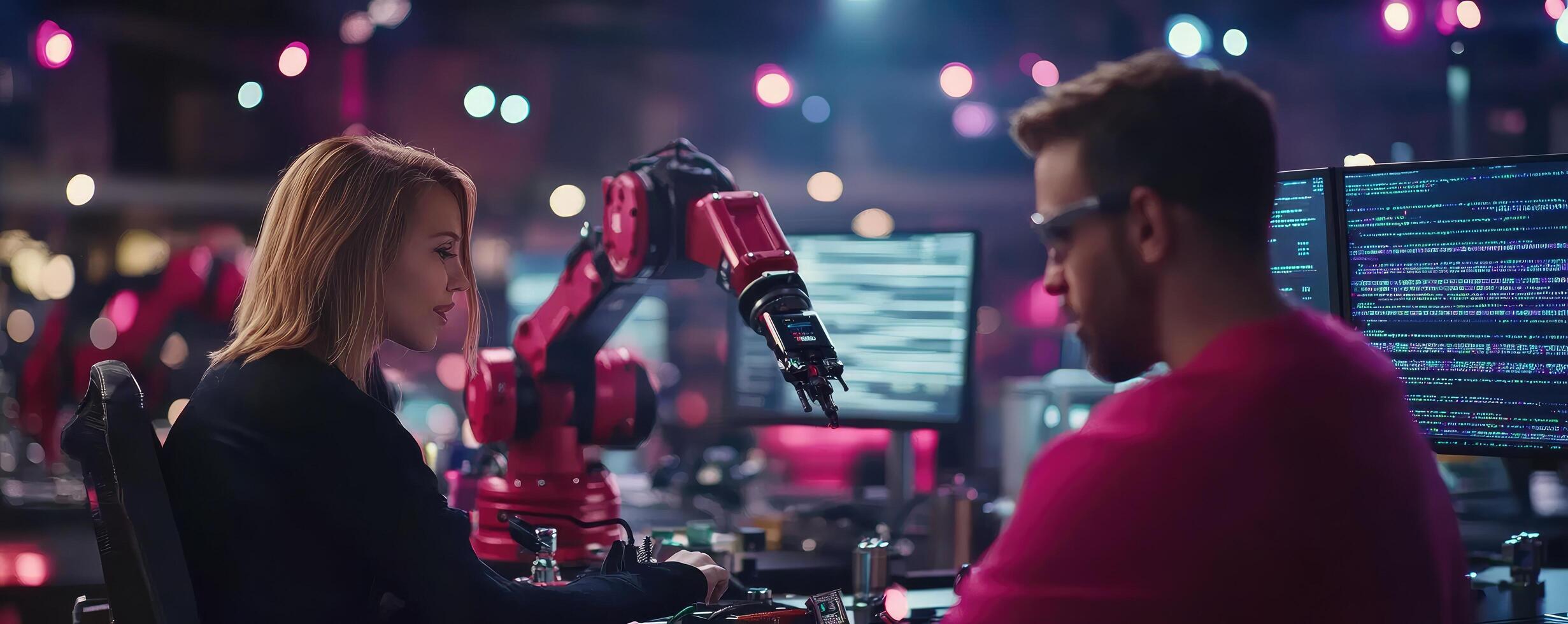 Automation and collaboration engineering innovation with red robotic arm in modern technology workplace photo